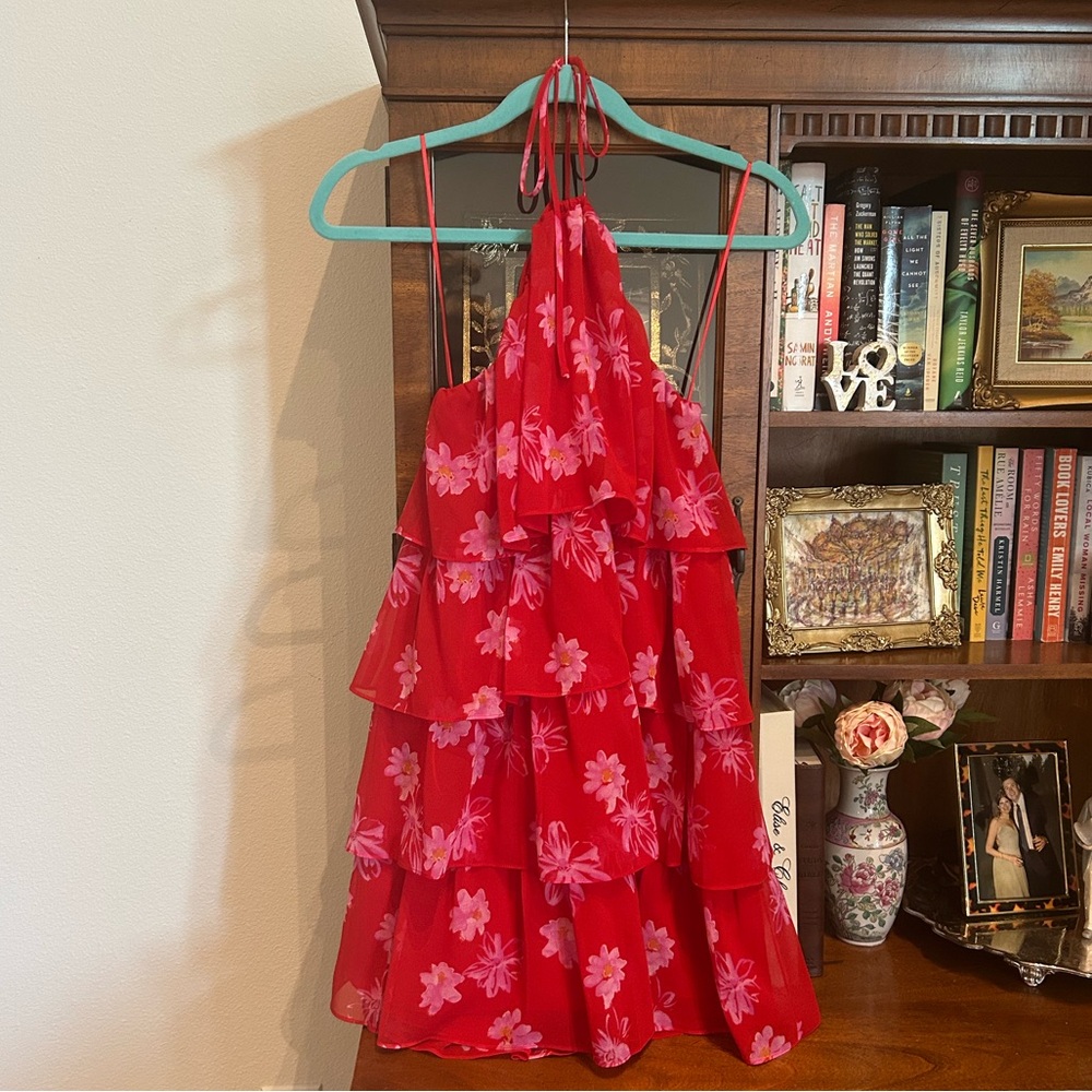 NWT Wayf Red Ruffle Halter Dress, size S